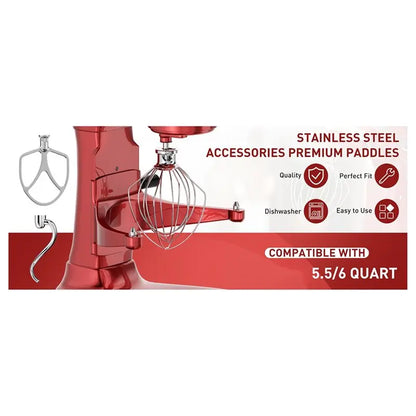 B64B-Stainless Steel 3‑Piece Attachments For Kitchenaid 5.5-6QT Mixer,Flat Beater,Dough Hook,6‑Wire Whip For Stand Mixers