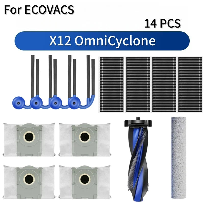 For ECOVACS Deebot X12 OmniCyclone Robot Vacuum Accessories Main Roller Brush Side Brush Dust Bag HEPA Filter Roller Mop Cloth