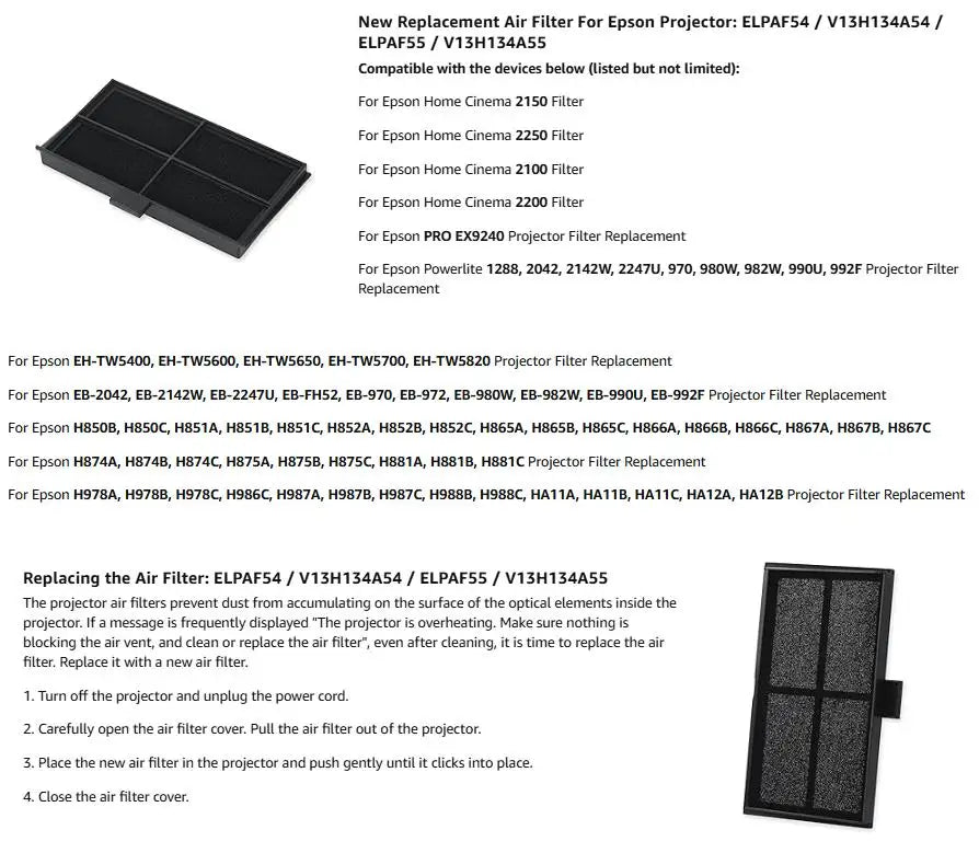 Replacement Projector Air Filter Compatible with Epson ELPAF54 / ELPAF55 / 2150 / 2250 / 2200 — Model Options