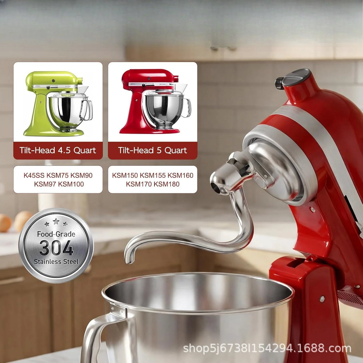 Stainless Steel Spiral Dough Hook For KitchenAid 4 5 5Qt Stand Mixer Kneading Attachment Accessories