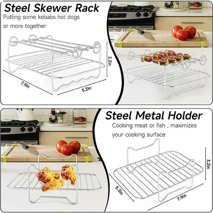 LMETJMA Air Fryer Rack for Double Basket Air Fryers Stainless Steel Multi-Layer Air Fryer Dehydrator Rack with Skewer JT187