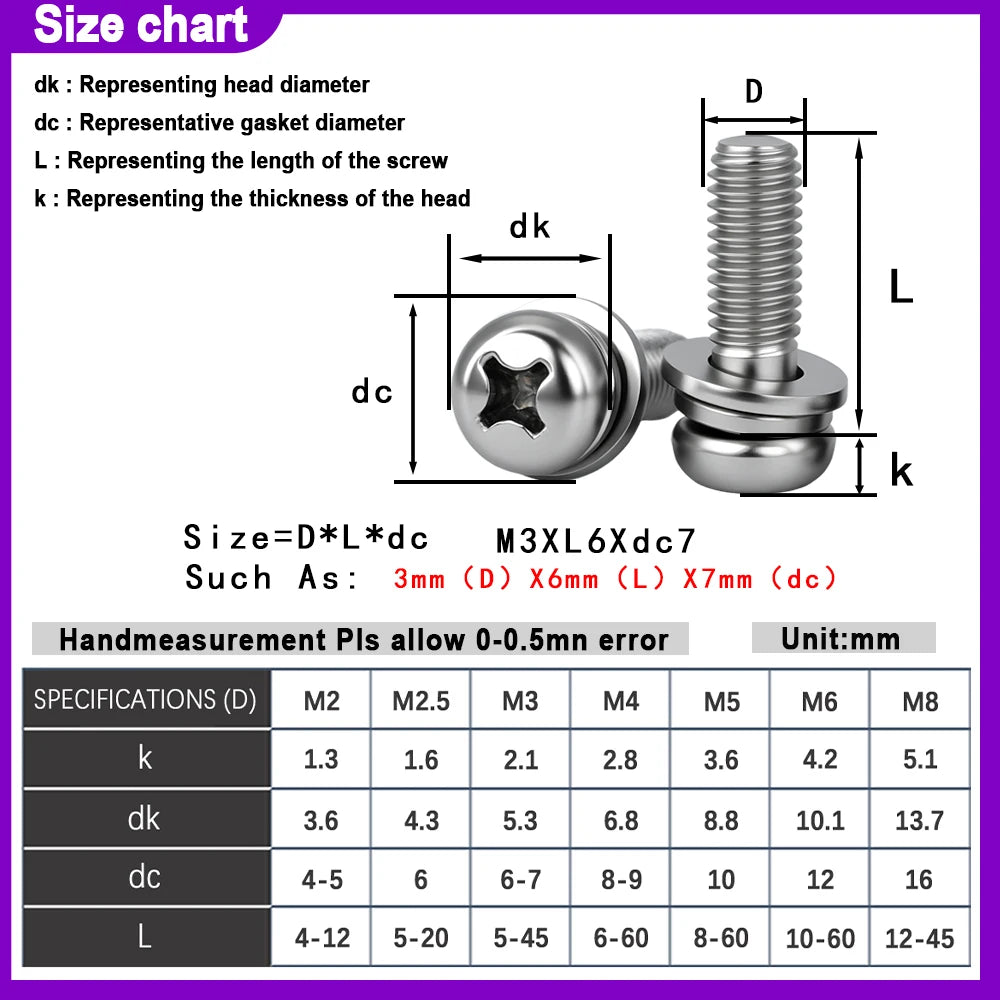 M2 M2.5 M3 M4 M5 M6M8 316 Stainless Steel Cross Round Head Three Combination Screws Optional Corrosion-Resistant Hardware Screws