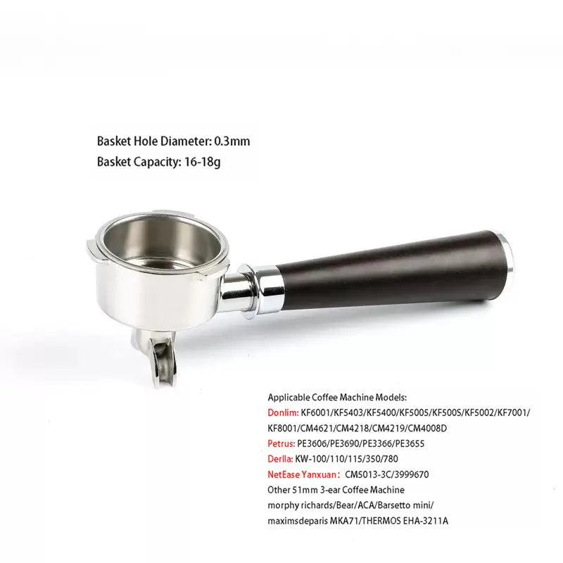 51mm 3-Ear Bottomed Portafilter for Donlim/Homix/Gypas//Sachi Espresso Machines, 304 Stainless Steel Coffee Handle with Basket