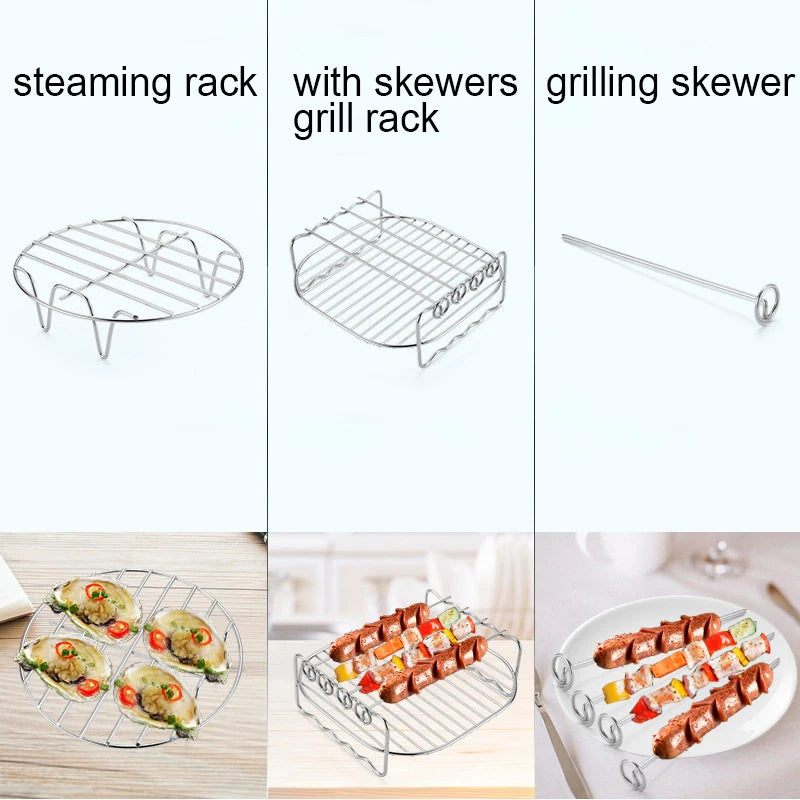 Square Air Fryer Rack 6/7/8inch Airfryer Accessories Grill Holder With Skewers Metal Oven Baking Holder Pot Steaming Wire Racks
