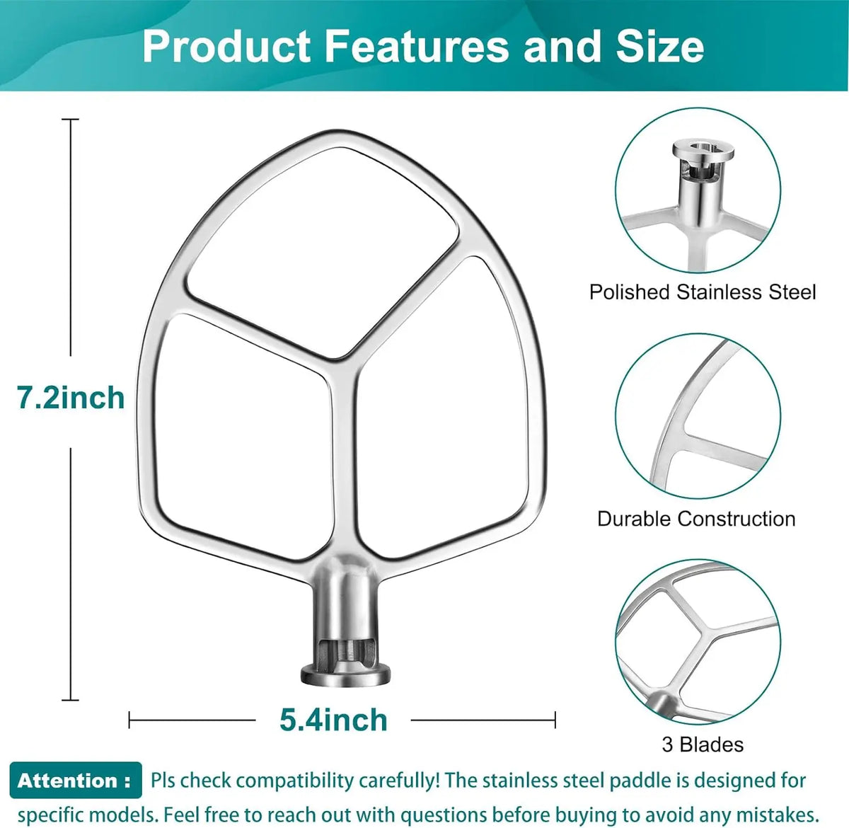 Flat Beater for KitchenAid 5-6 Quart Bowl-Lift Stand Mixer, Airkitrep Polished Stainless Steel Paddle Attachment Replacement