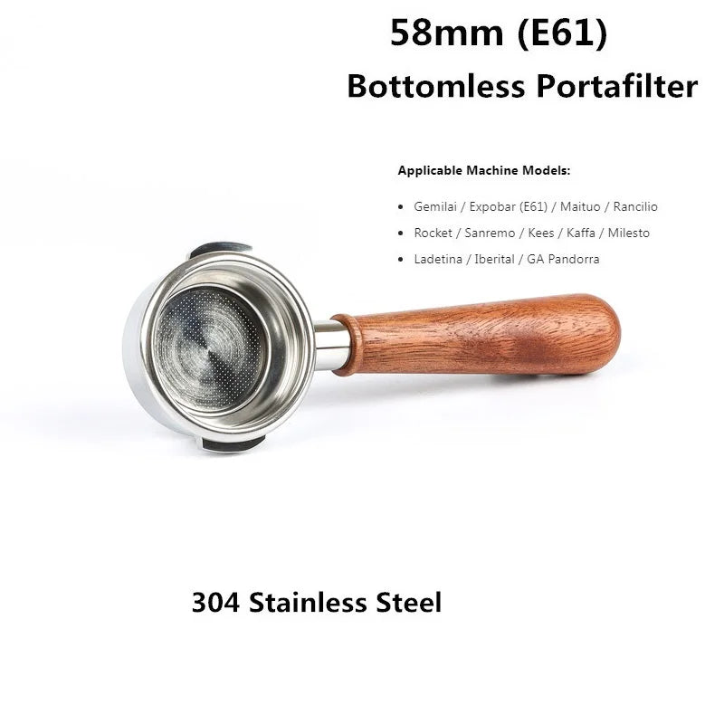58mm Bottomless Coffee Portafilter for Expobar E61 Rocket Coffee Machine with Double Spout 304 Stainless Steel Filter Basket