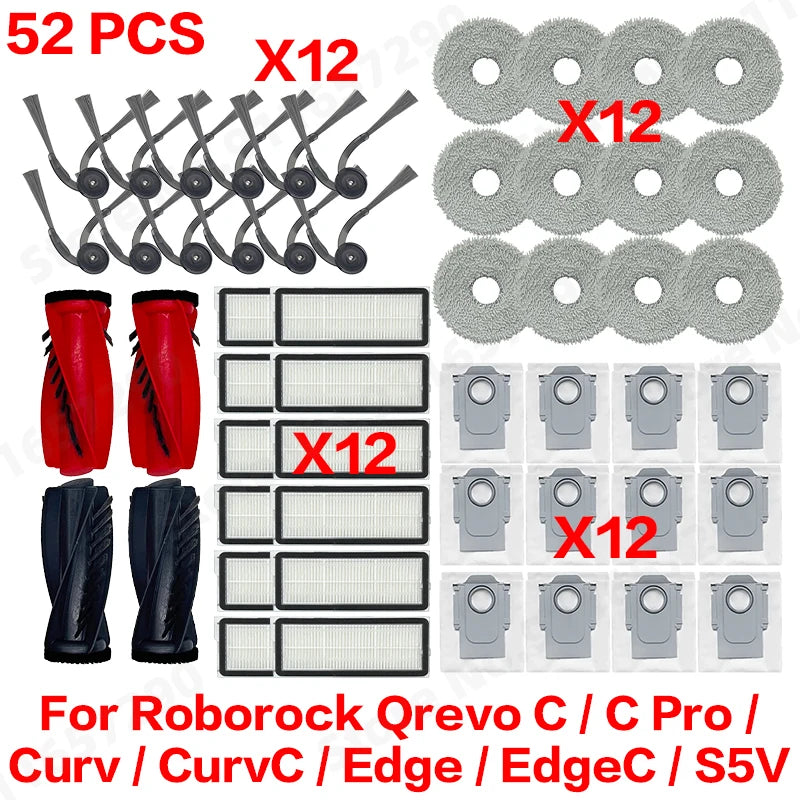 Compatible with Roborock Qrevo C/C Pro/Curv/CurvC/Edge/EdgeC/S5V Compatible Main Side Brush, Mop Cloth, Dust Bag & Filter Set