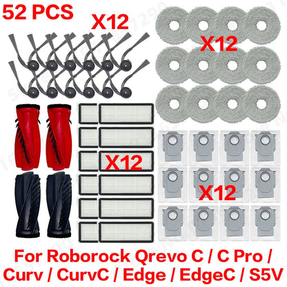 Compatible with Roborock Qrevo C/C Pro/Curv/CurvC/Edge/EdgeC/S5V Compatible Main Side Brush, Mop Cloth, Dust Bag & Filter Set
