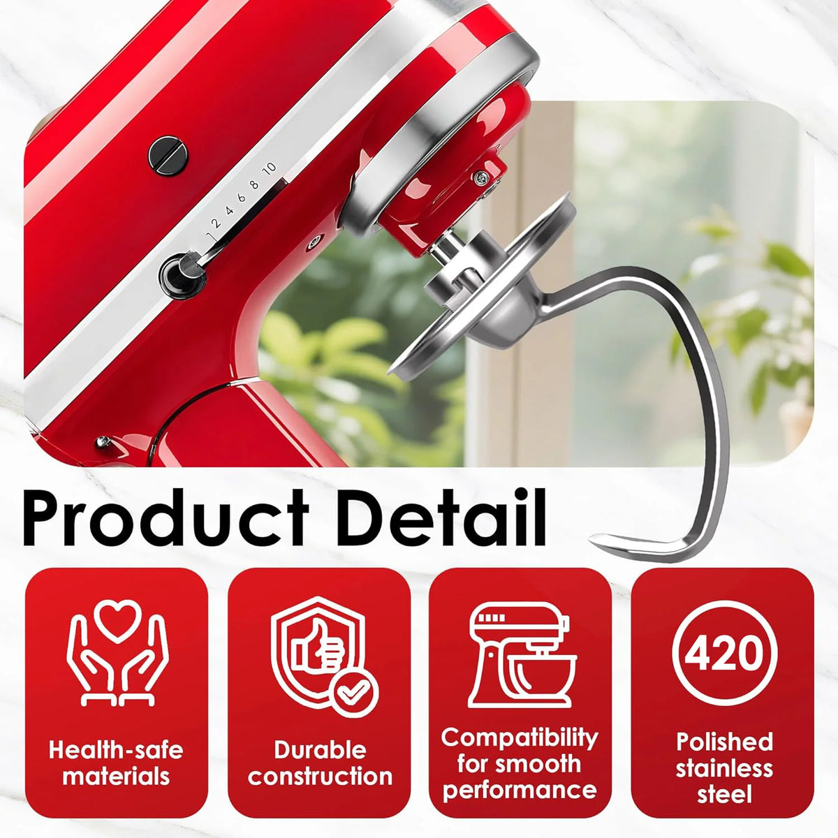 3-Piece Stainless Steel Mixer Attachment Kit for KitchenAid 4.5/5 QT Tilt-Head Mixers, K45WW Wire Whip, K45DH Dough Hook & K45B