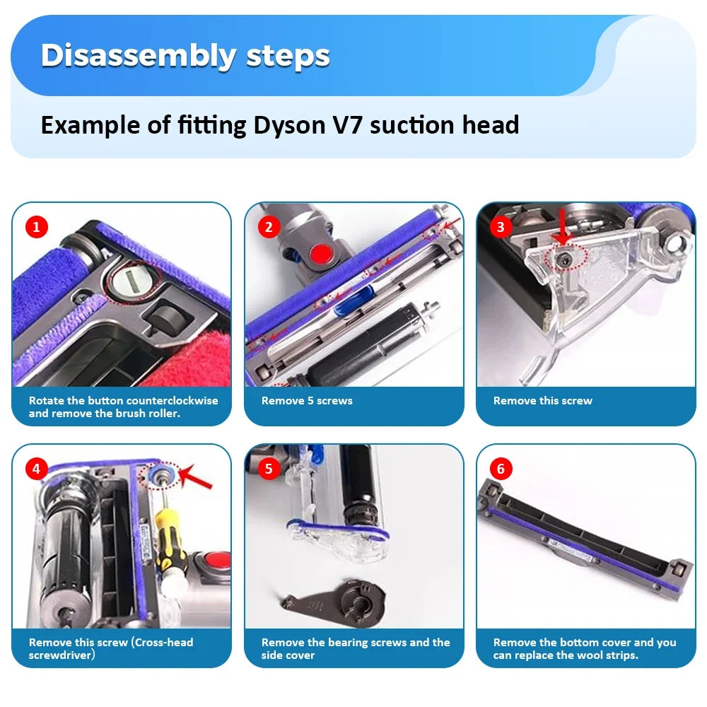 For Dyson V6 V7 V8 V10 V11 Vacuum Accessories Washable Household Floor Brush Roller Blue Hose Soft Velvet Strips