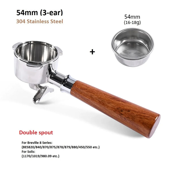 54mm 3-Ear Coffee Portafilter, 304 Stainless Steel Luxury Wooden Handle Espresso Holder Compatible with Breville 820 880 Series & Solis