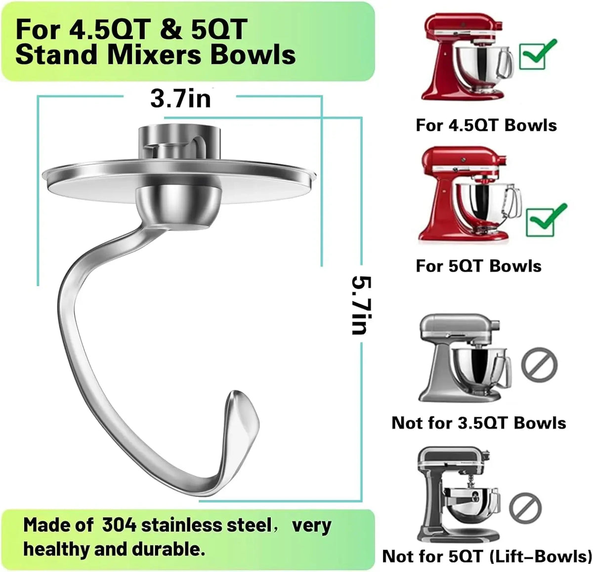 Stainless Steel Dough Hook Compatible with Kitchenaid 4.5-5QT Tilt-Head Stand Mixers Attachments Accessories Replacement, Polished