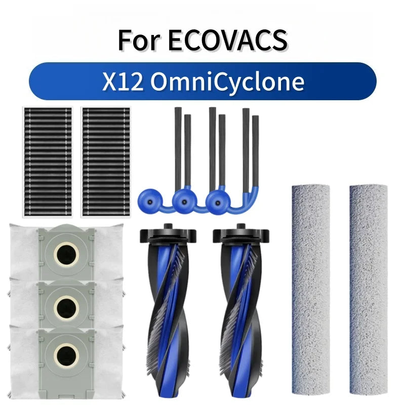 For ECOVACS Deebot X12 OmniCyclone Robot Vacuum Accessories Main Roller Brush Side Brush Dust Bag HEPA Filter Roller Mop Cloth