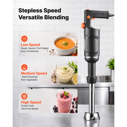 SucceBuy Commercial Immersion Blender for Restaurant Handheld Stick for Soups Sauces Variable Speed Stainless Steel 3-Blade Head