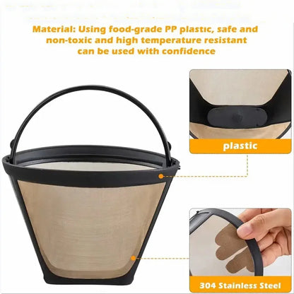 Useful Reusable 10-12 Cup Coffee Filter Permanent Cone-Style Coffee Maker Machine Filter Gold Mesh With Handle Cafe Coffees Tool