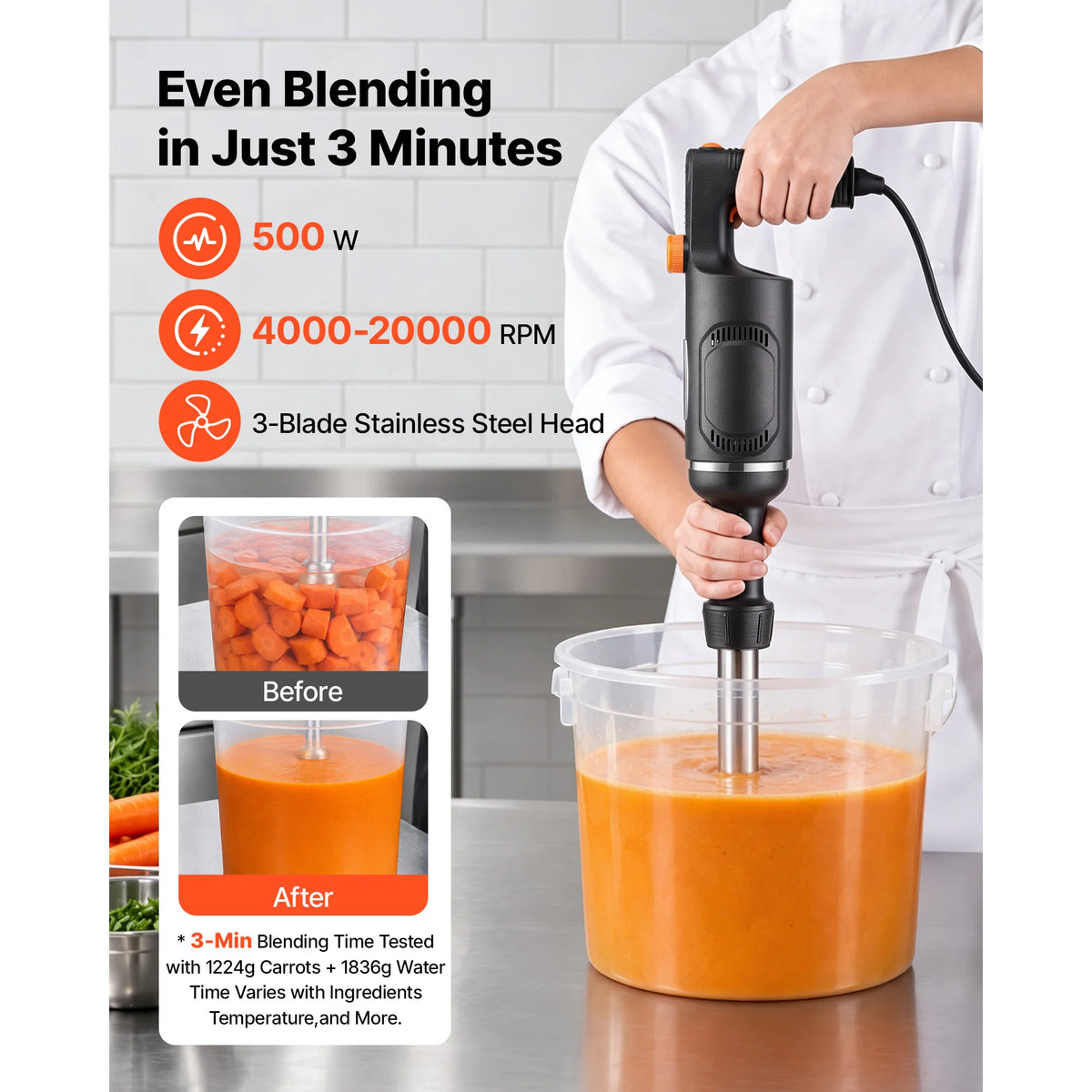 SucceBuy Commercial Immersion Blender for Restaurant Handheld Stick for Soups Sauces Variable Speed Stainless Steel 3-Blade Head