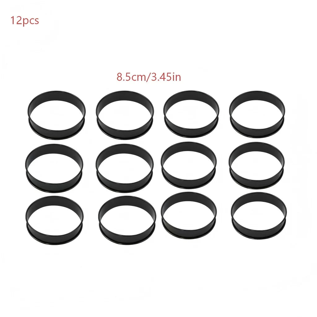6PCS Tart Crumpet Muffin Ring Set Stainless Steel Nonstick Black Double-Rolled for Pancake Pastry Omelet Home Baking