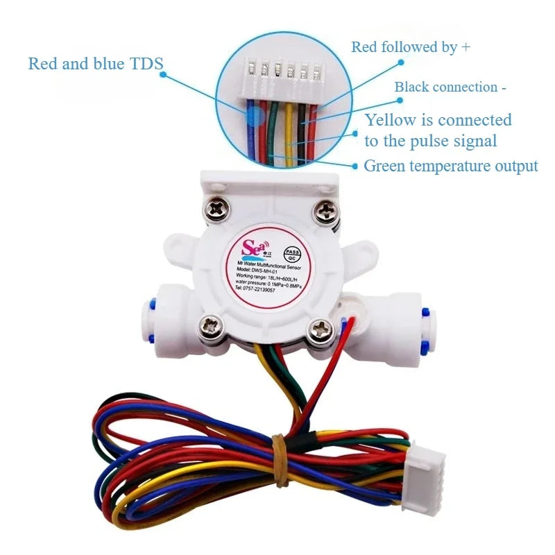1/4" / 3/8" Hall Flowmeter TDS / Temperature / Flow Three-in-one Multi-function Sensor