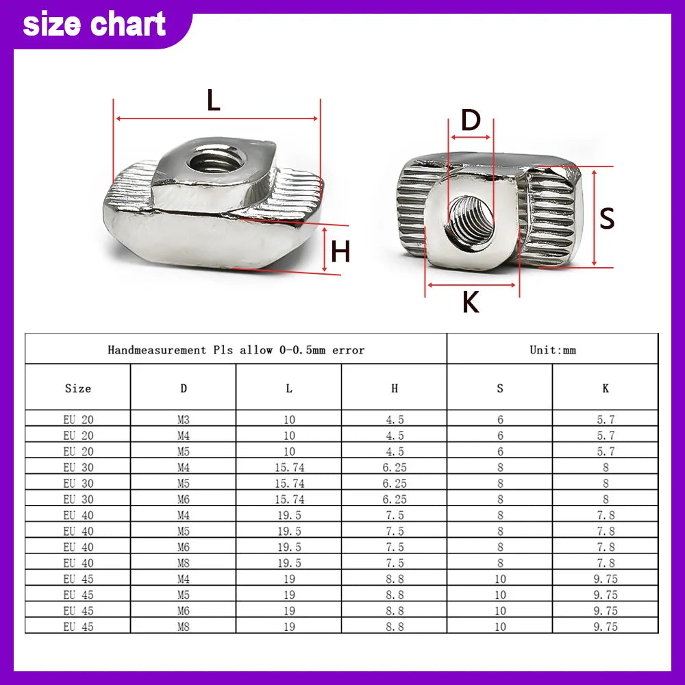 3/5/10pcs M3 M4 M5 Slot T-nut Sliding T Nut Hammer Drop In Nut Fasten Connector Extrusion Profile Nickel plated T-shaped nut