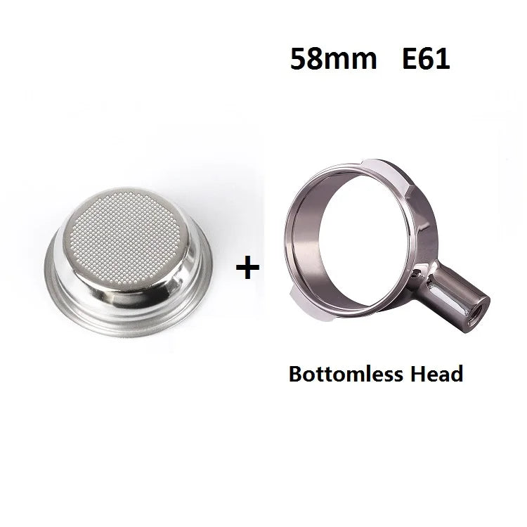58mm Bottomless Coffee Portafilter for Expobar E61 Rocket Coffee Machine with Double Spout 304 Stainless Steel Filter Basket