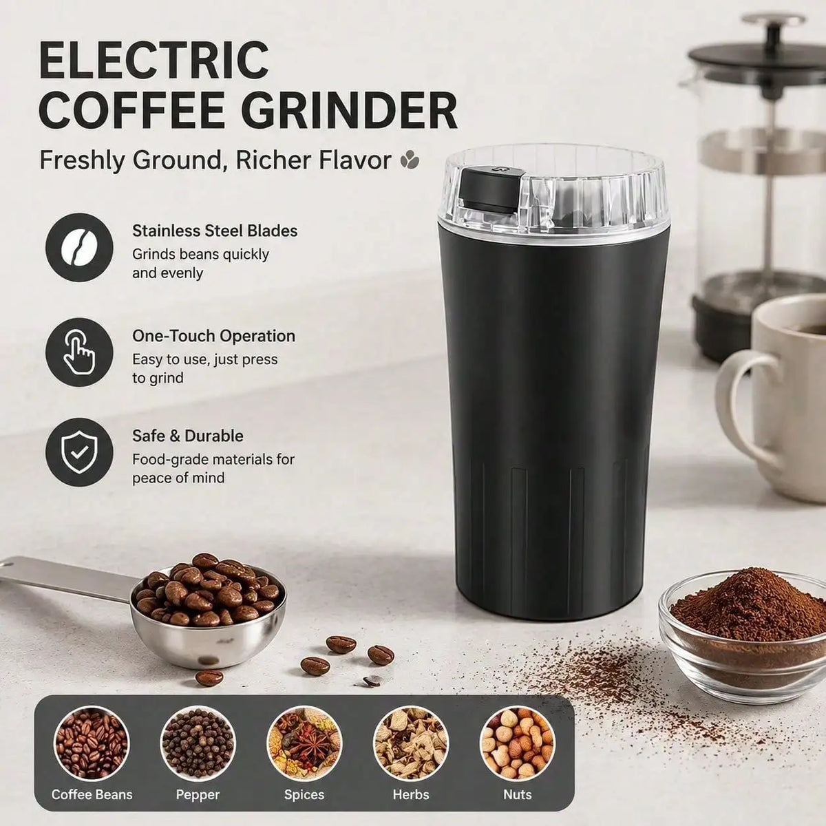Rechargeable Electric Grinder, Portable Superfine Powder Grinding Machine With Stainless Steel Blades, One Touch Multi-Grain Grinder For Coffee Beans, Herbs, Nuts, Seeds, Pepper And Spices