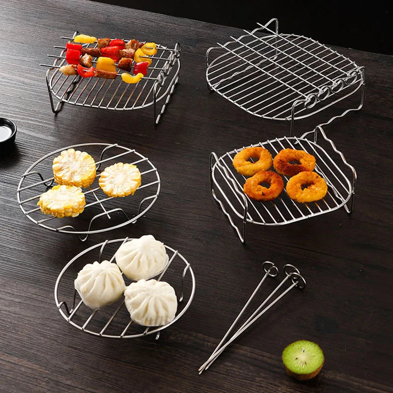 Square Air Fryer Rack 6/7/8inch Airfryer Accessories Grill Holder With Skewers Metal Oven Baking Holder Pot Steaming Wire Racks
