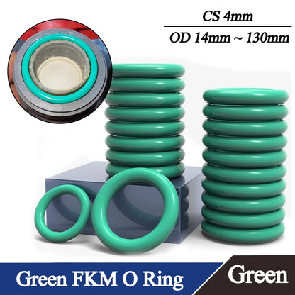 FKM Green O Ring Gasket CS 4mm OD 14mm ~ 130mm 10/50Pcs Fluorine Rubber Sealing Washer Heat Resistant Acid Alkali