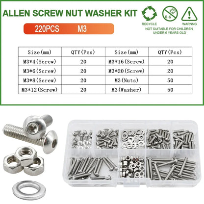 M2 M3 M4 M5 M6 304 Stainless Steel Allen Screw Nut Washer Kit Hex Socket Bolts Gaskets Set Hexagonal Machine Screws Assortment