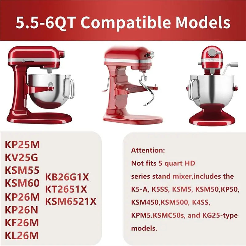 B64B-Stainless Steel 3‑Piece Attachments For Kitchenaid 5.5-6QT Mixer,Flat Beater,Dough Hook,6‑Wire Whip For Stand Mixers