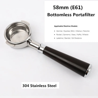 58mm Bottomless Coffee Portafilter for Expobar E61 Rocket Coffee Machine with Double Spout 304 Stainless Steel Filter Basket