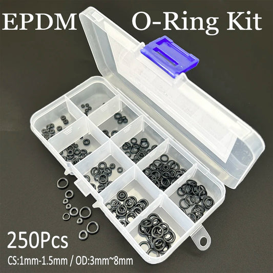 EPDM Black O-Ring Kit Weatherproof Sealing Gaskets for Auto/Plumbing/Equipment Sizes CS 1-1.5mm OD 3~8mm Rubber O Rings 250PCS