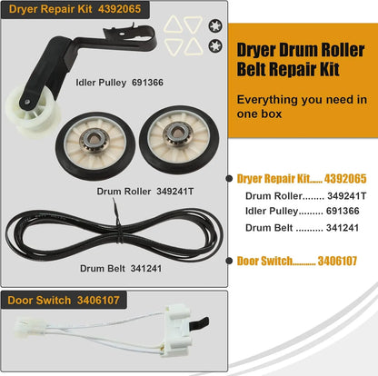 4392065 Dryer Maintenance and Repair Kit Includes Drum Roller Belt and Idler Pulley Compatible with Whirlpool Maytag Dryer