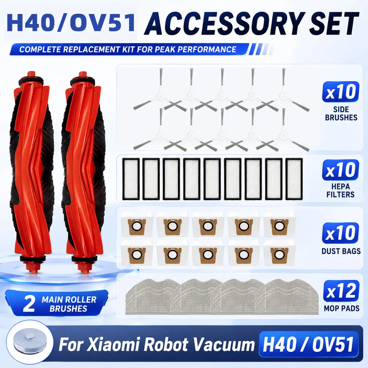 Compatible with Xiaomi Robot Vacuum H40 / OV51 Spare Parts Main Roller Side Brush HEPA Filter Dust Bag Mop Cloth Accessories