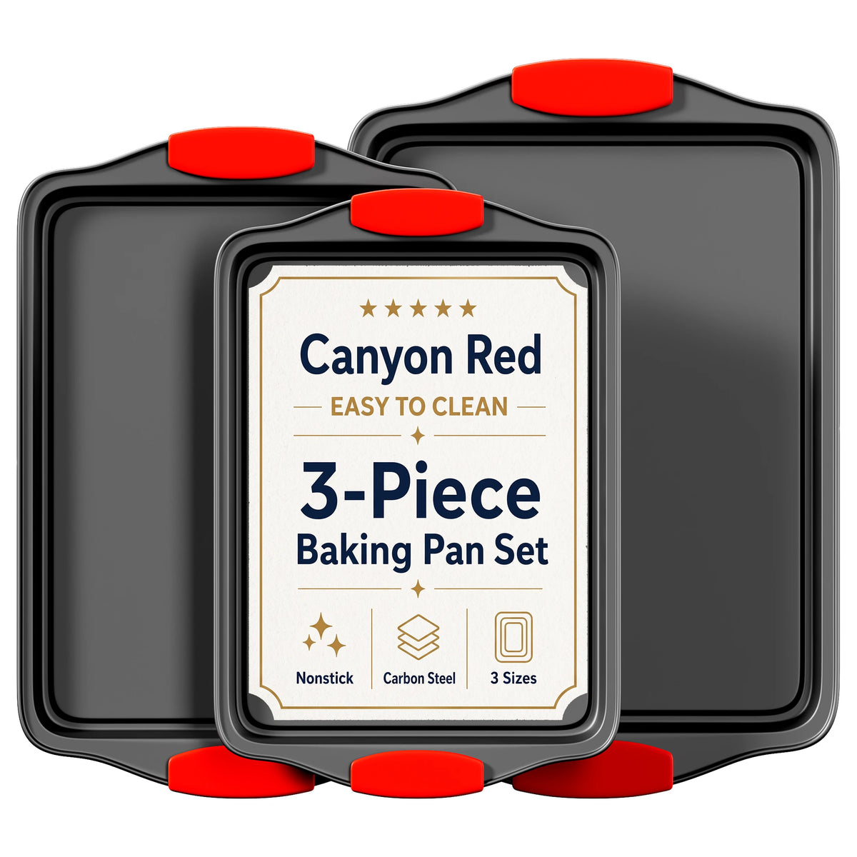 3pcs Carbon Steel NonStick Baking Pan Set. Luxury Stylish Design with Red Silicone Handles. Nonstick Steel Bakeware, Restaurantgrade Rimmed Baking Sheets. Easytoclean Trays, Ideal for Cookies, Pizza, Cakes & Home Kitchen Baking.