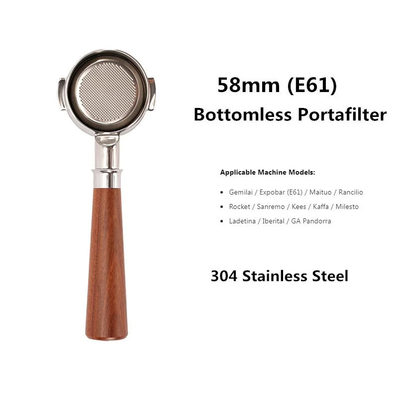 58mm Bottomless Coffee Portafilter for Expobar E61 Rocket Coffee Machine with Double Spout 304 Stainless Steel Filter Basket