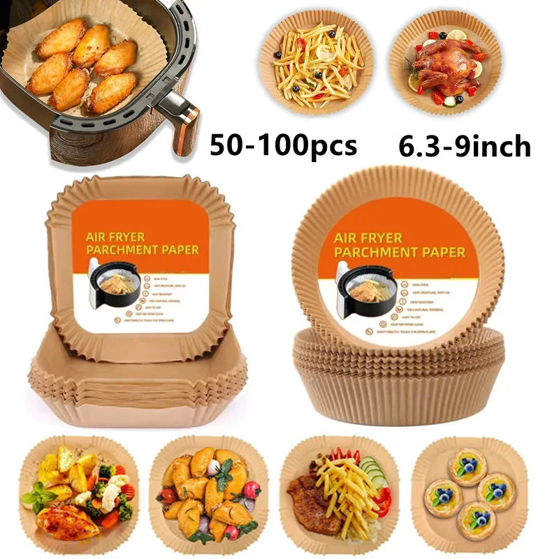 50-100pcs 6.3-9in Air fryer Baking Paper for Barbecue Plate Square Round Oven Pan Pad AirFryer Oil-Proof Disposable Paper Liner
