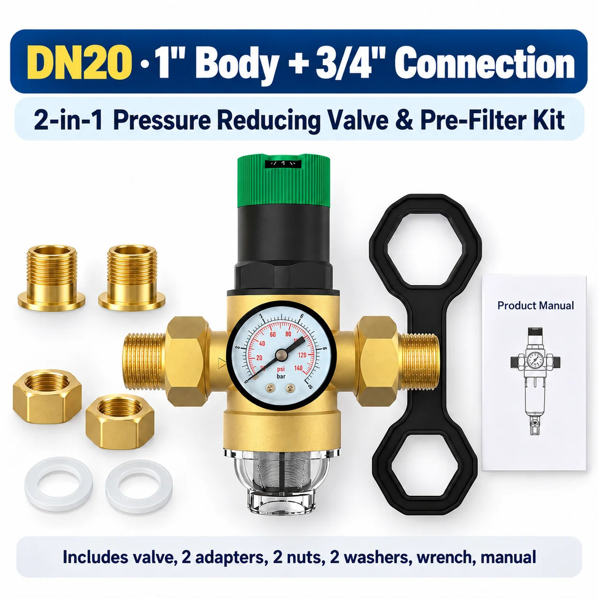 AUVYNE 2-in-1 Adjustable Brass Water Pressure Reducing Valve with Gauge and Sediment Filter for Home Plumbing