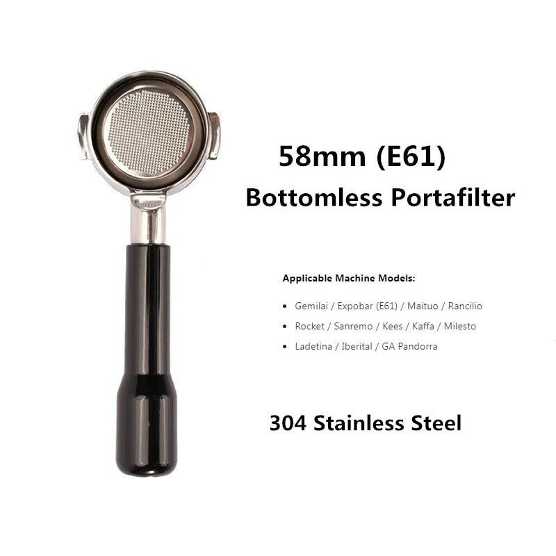 58mm Bottomless Coffee Portafilter for Expobar E61 Rocket Coffee Machine with Double Spout 304 Stainless Steel Filter Basket