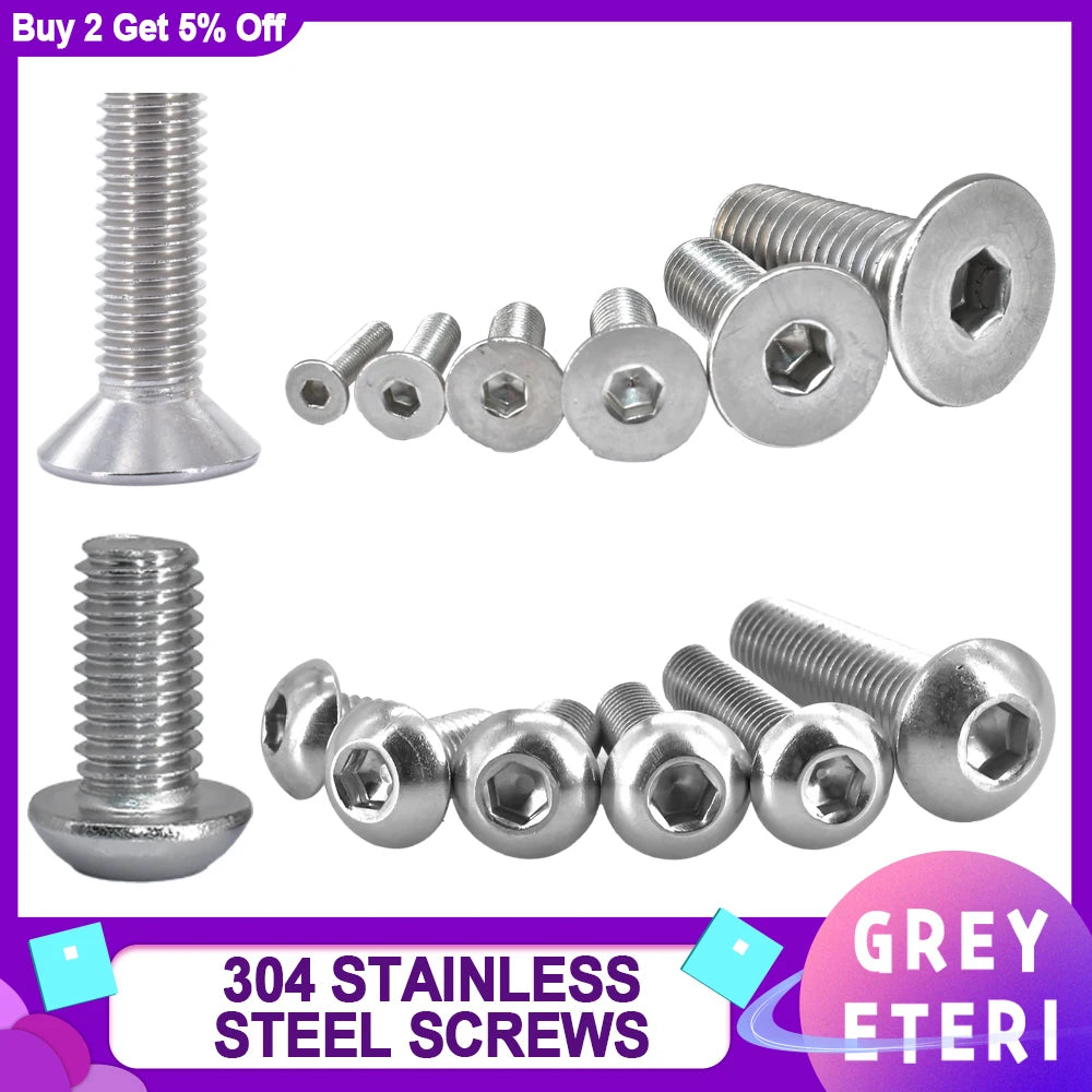 M5 M6 M8 304 Stainless Steel Allen Screws Round Head Bolt Countersunk Head Bolts Hex Socket Screws 2-20pcs