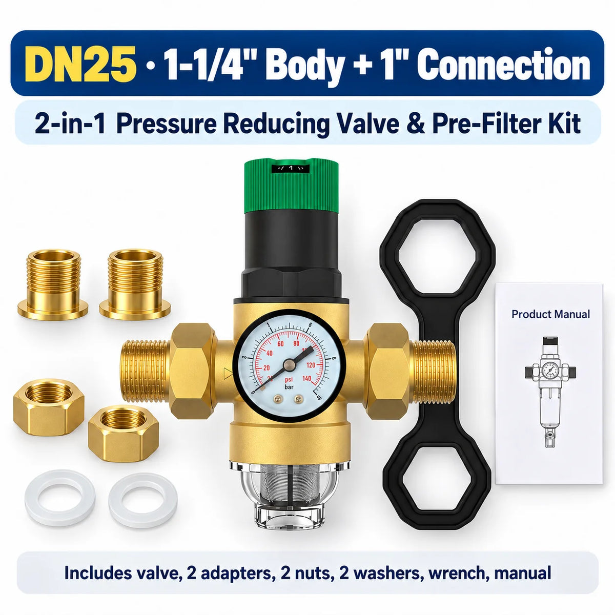 AUVYNE 2-in-1 Adjustable Brass Water Pressure Reducing Valve with Gauge and Sediment Filter for Home Plumbing