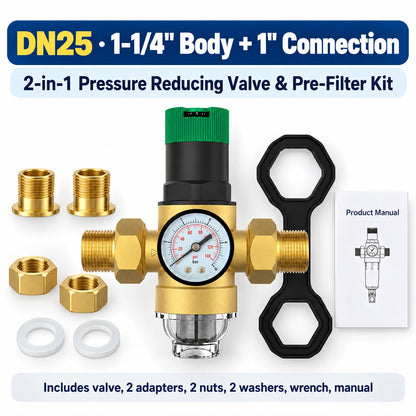 AUVYNE 2-in-1 Adjustable Brass Water Pressure Reducing Valve with Gauge and Sediment Filter for Home Plumbing
