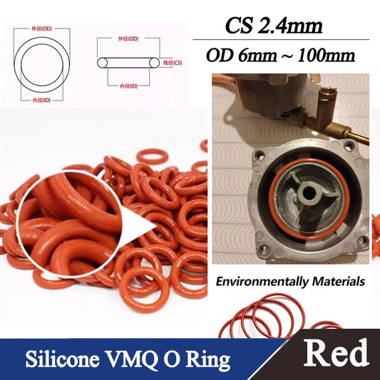 Thickness CS 2.4mm OD 6mm ~ 100mm 10/50pcs Red VMQ O Ring Seal Gasket Washer Round O Shape Silicone Ring