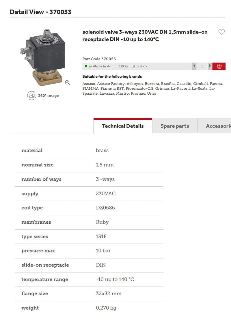 Italian Made, Semi-automatic Coffee Machine Brewing Head Solenoid Valve ZB09/483510S6 230V Solenoid Valve Brass