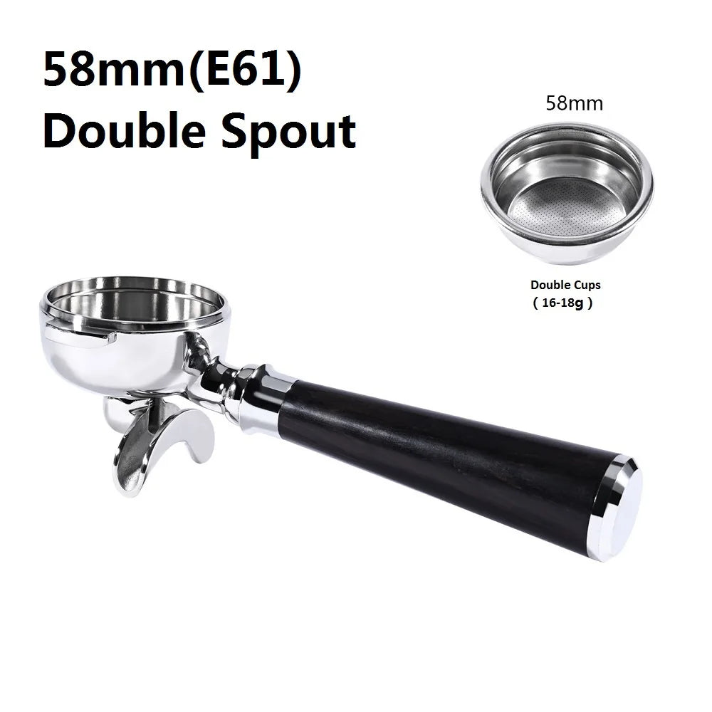 58mm Bottomless Coffee Portafilter for Expobar E61 Rocket Coffee Machine with Double Spout 304 Stainless Steel Filter Basket