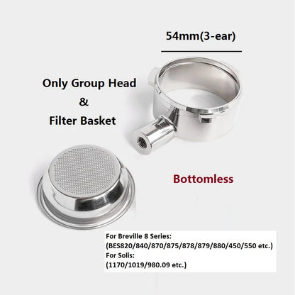54mm 3-Ear Coffee Portafilter, 304 Stainless Steel Luxury Wooden Handle Espresso Holder Compatible with Breville 820 880 Series & Solis