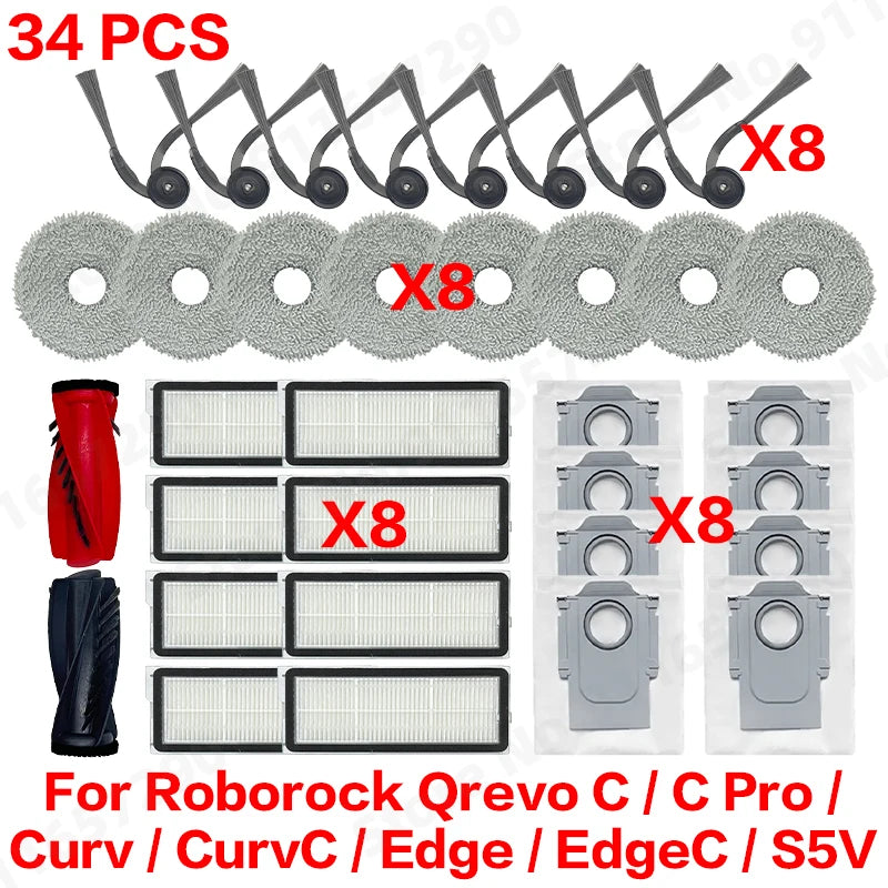 Compatible with Roborock Qrevo C/C Pro/Curv/CurvC/Edge/EdgeC/S5V Compatible Main Side Brush, Mop Cloth, Dust Bag & Filter Set