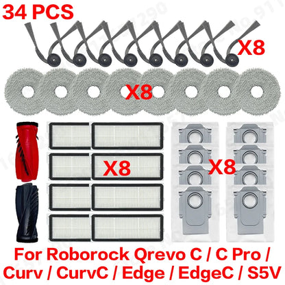 Compatible with Roborock Qrevo C/C Pro/Curv/CurvC/Edge/EdgeC/S5V Compatible Main Side Brush, Mop Cloth, Dust Bag & Filter Set