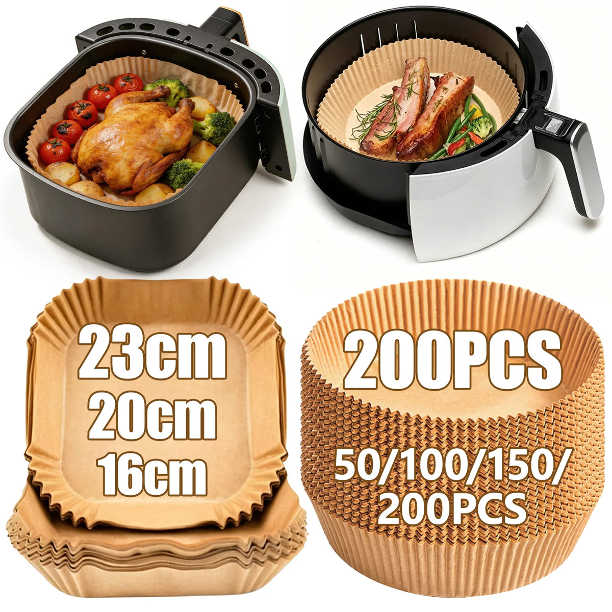 16/20/23cm Disposable Air Fryer Paper, Non-Stick Square/Round Baking Paper for Oven, Oil Absorbing Cooking Paper for BBQ Kitchen