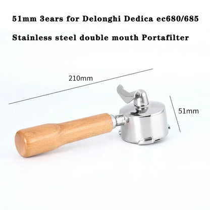 51mm 3 Ears Coffee Portafilter for Delonghi Dedica Ec680/685 Coffee Machine Stainless Steel Double Spout Coffee Handle Utensil