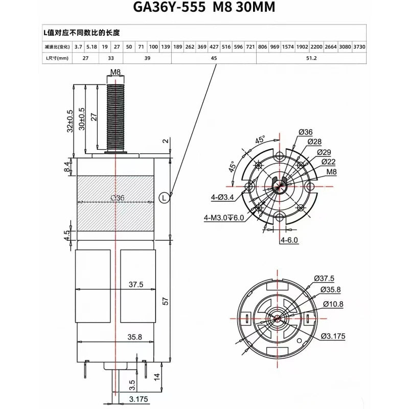 12V 24V planetary gear high-torque M6M8 threaded shaft GA36Y-555 miniature DC speed reducer motor